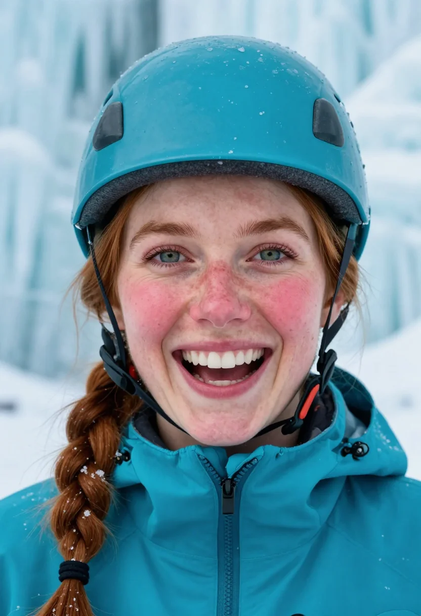 AI ice climb turquoise sample — portrait of a woman, tight headshot of an Irish woman in her