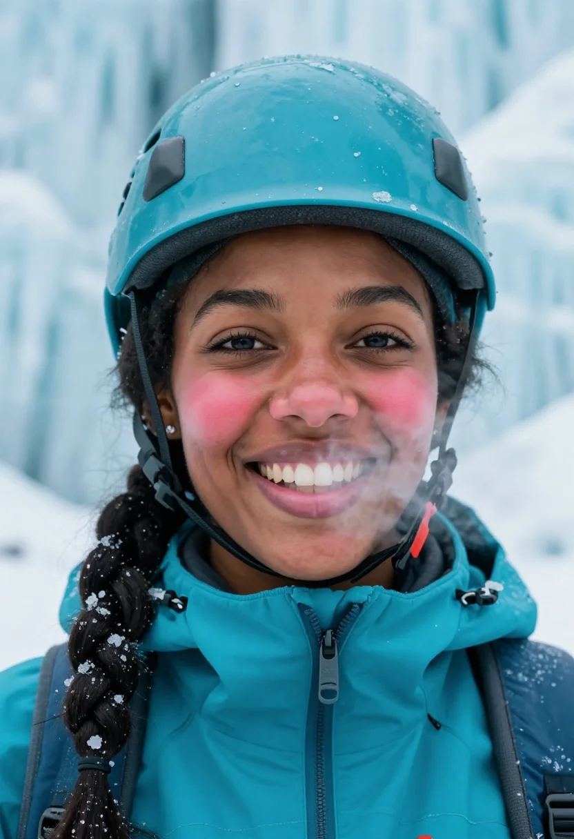 AI ice climb turquoise sample — portrait of a woman, tight headshot of a Black British woman