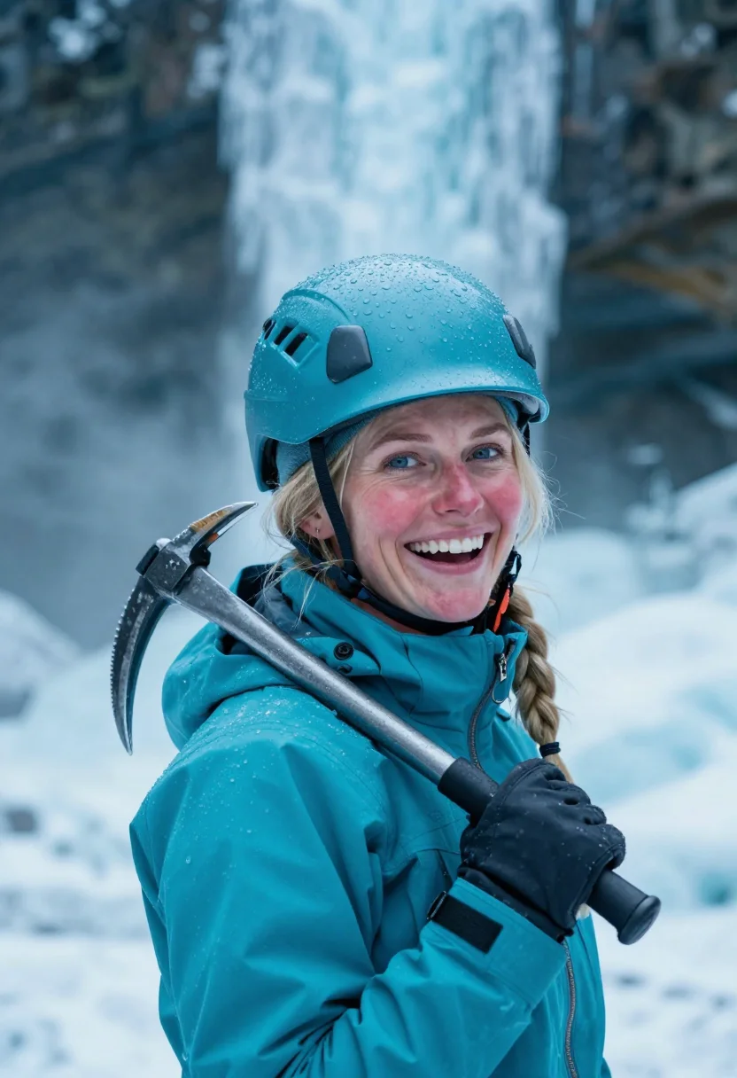 AI ice climb turquoise sample — portrait of a woman, head-and-shoulders portrait of a Scandi