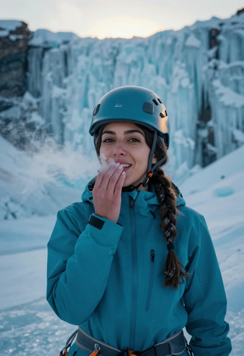 AI ice climb turquoise sample — portrait of a woman, chest-up portrait of a Spanish woman in