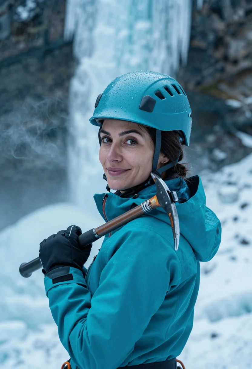 AI ice climb turquoise sample — portrait of a woman, chest-up portrait of a Mediterranean wo