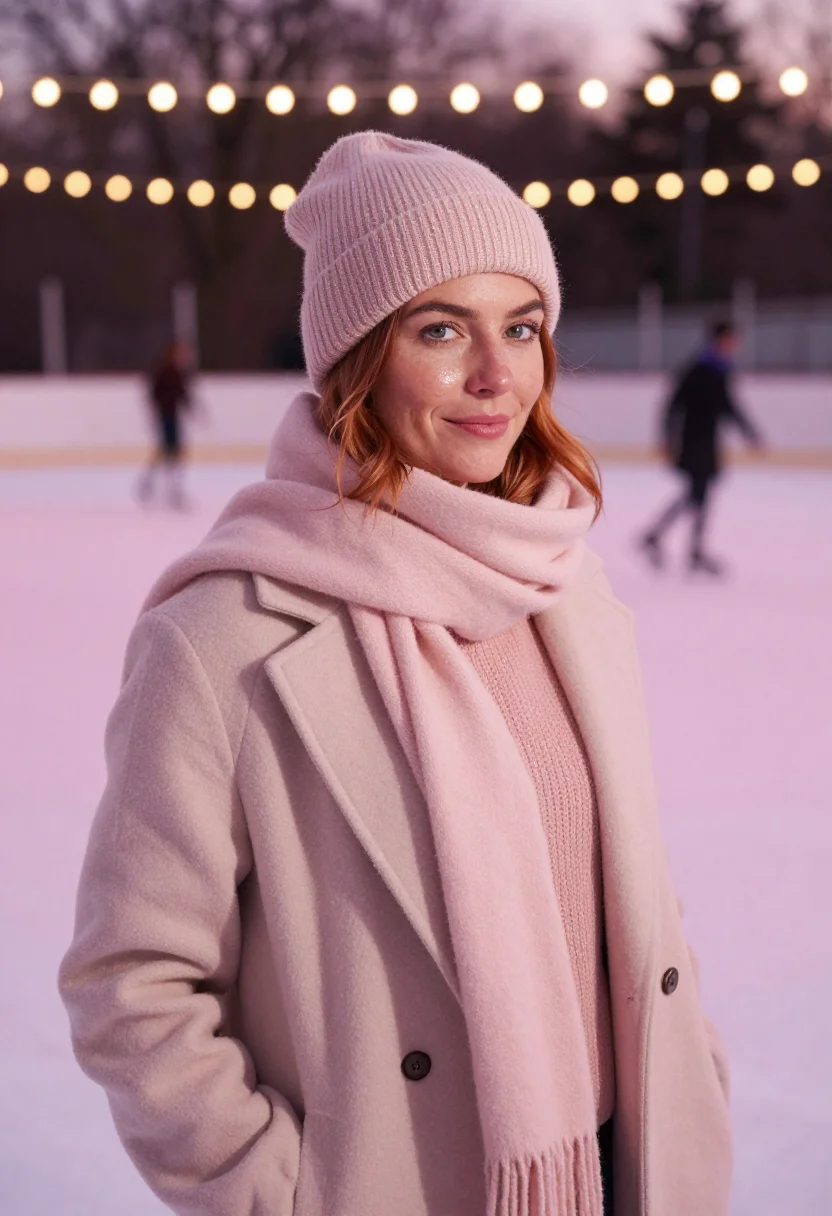 AI ice rink blush sample — portrait of a woman, upper-chest winter portrait of a Wester
