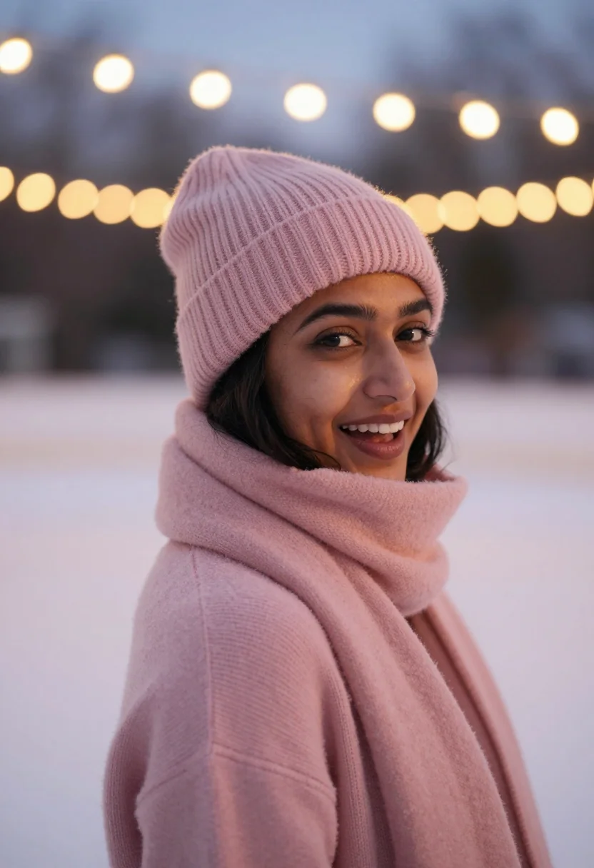 AI ice rink blush sample — portrait of a woman, tight head-and-shoulders winter portrai