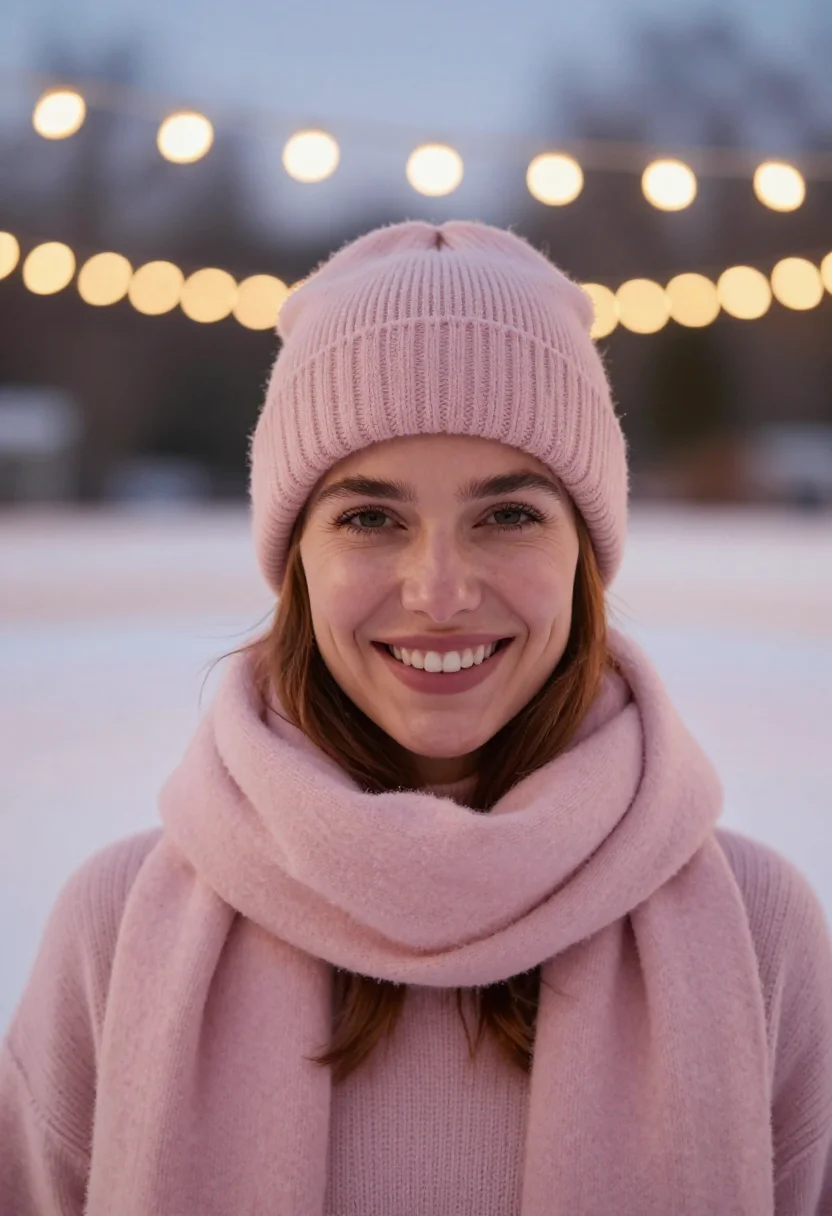 AI ice rink blush sample — portrait of a woman, tight head-and-shoulders winter portrai