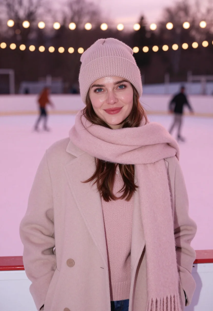 AI ice rink blush sample — portrait of a woman, upper-chest winter portrait of a Wester