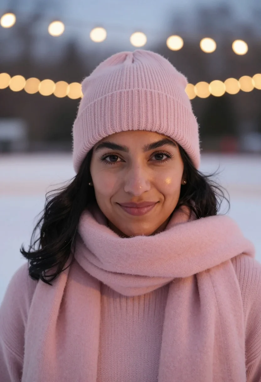 AI ice rink blush sample — portrait of a woman, tight head-and-shoulders winter portrai