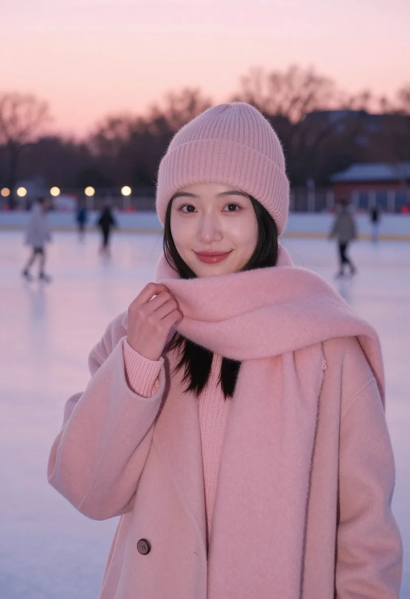 AI ice rink blush sample — portrait of a woman, upper-chest winter portrait of an East-