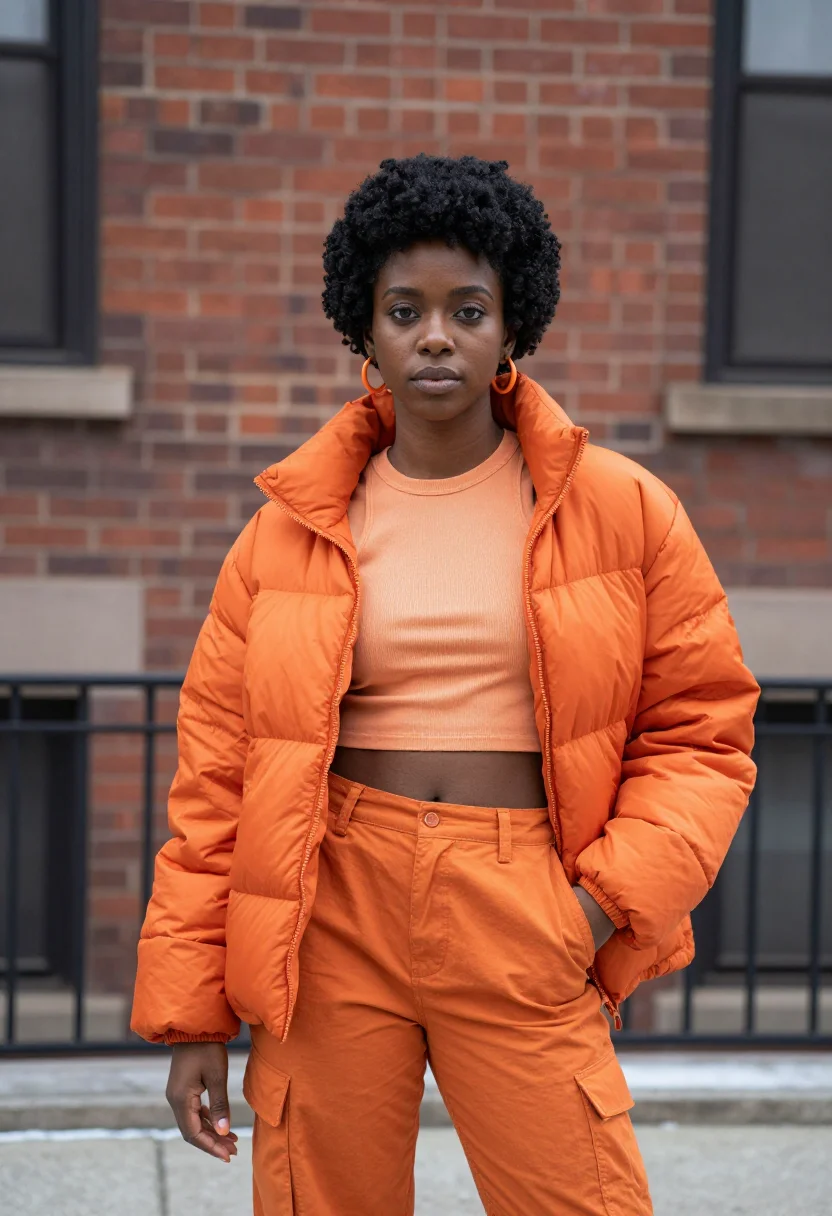 AI ice spice bronx orange puffer sample — portrait of a woman, a Nigerian-American woman in her mid-tw