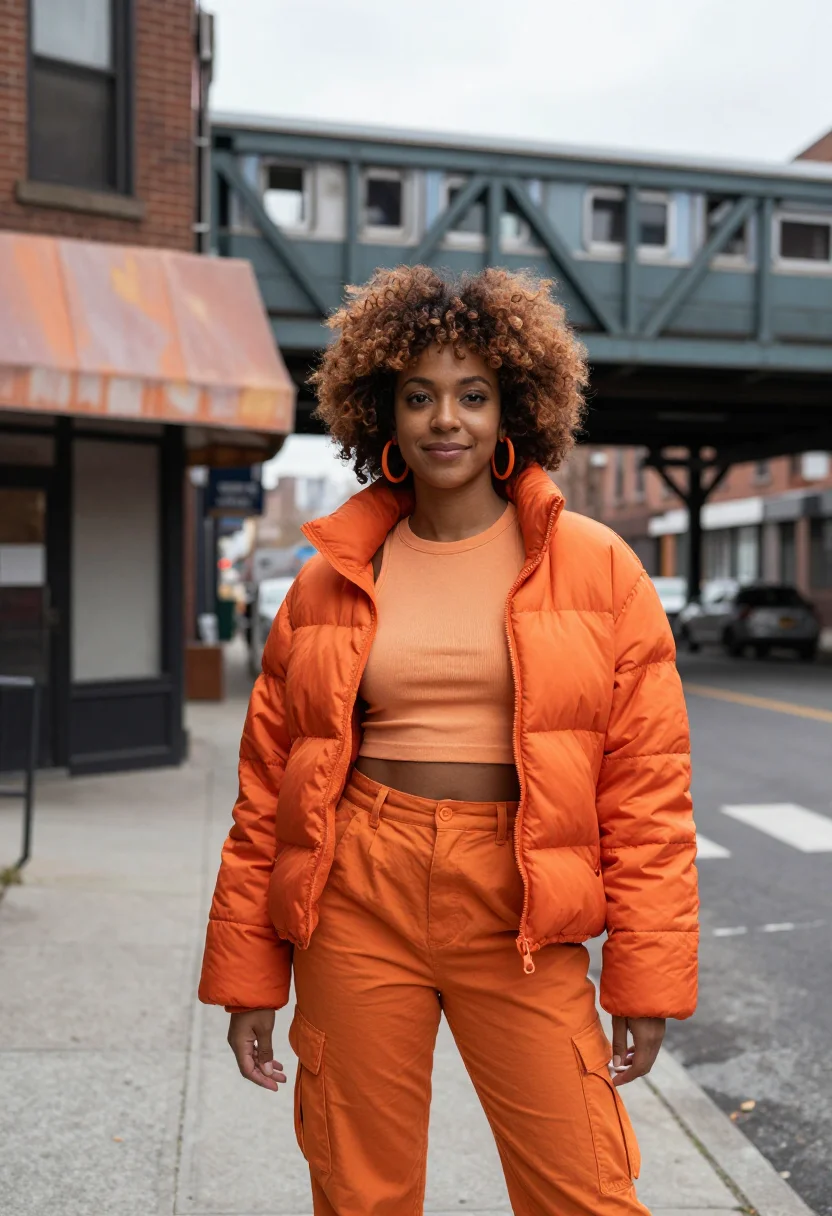 AI ice spice bronx orange puffer sample — portrait of a woman, an African-American woman in her early