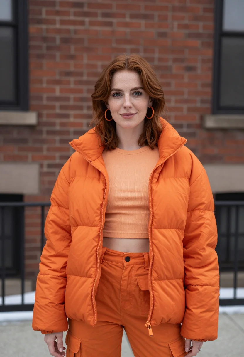 AI ice spice bronx orange puffer sample — portrait of a woman, an Irish-American woman in her late twe