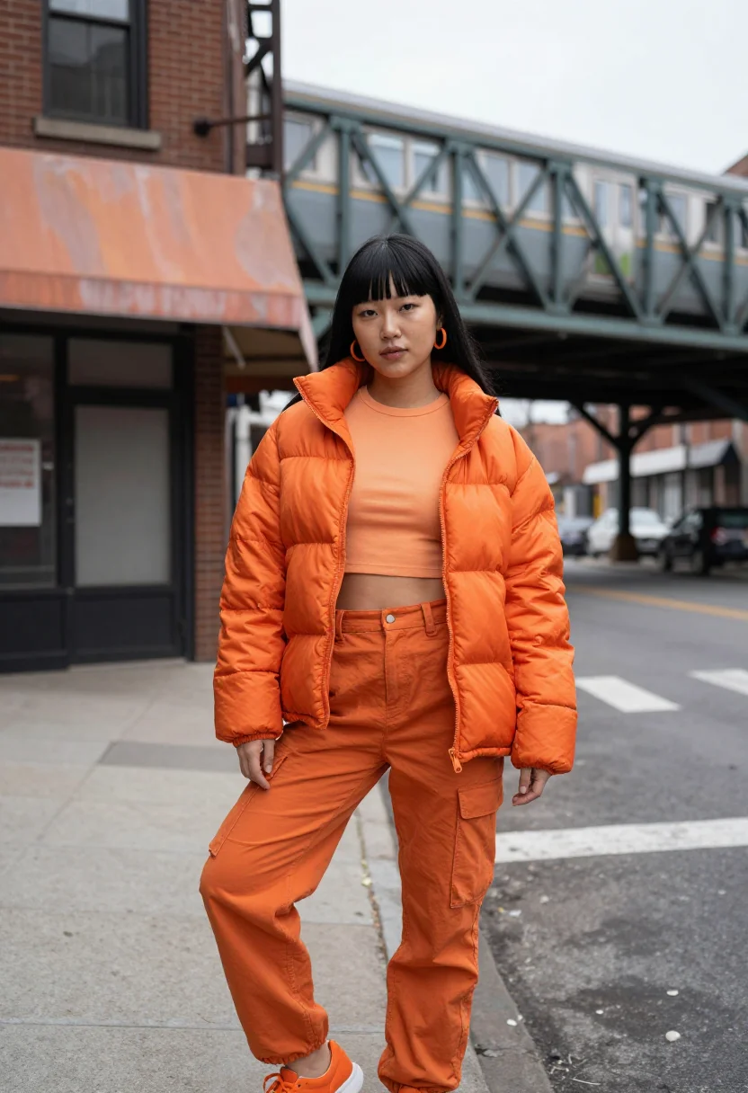 AI ice spice bronx orange puffer sample — portrait of a woman, a Korean-American woman in her mid-twen