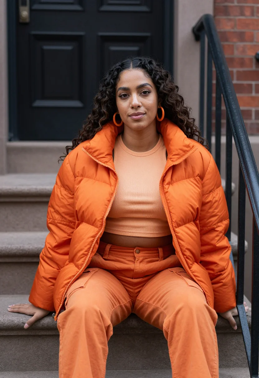 AI ice spice bronx orange puffer sample — portrait of a woman, a Puerto Rican woman in her early thirt