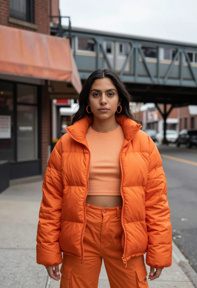 AI ice spice bronx orange puffer sample — portrait of a woman, a Mexican-American woman in her early t