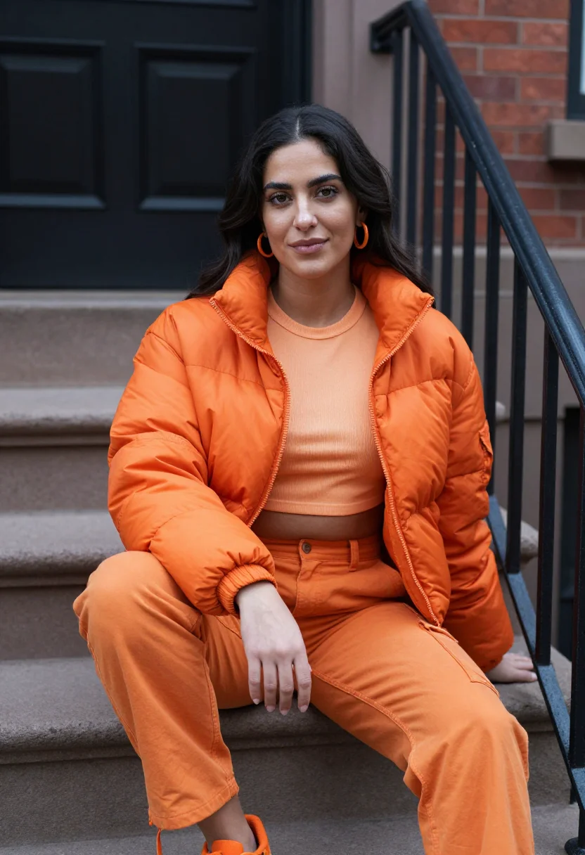 AI ice spice bronx orange puffer sample — portrait of a woman, an Italian-American woman in her mid-tw