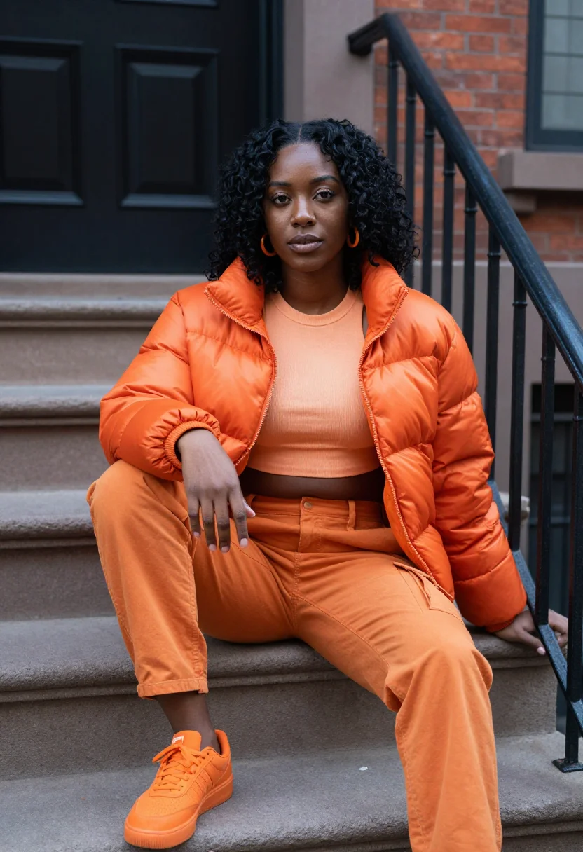 AI ice spice bronx orange puffer sample — portrait of a woman, a Jamaican-American woman in her late t