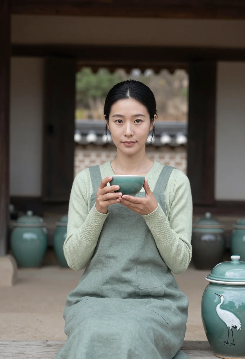 AI icheon celadon sample — portrait of a woman, close three-quarter portrait from the c