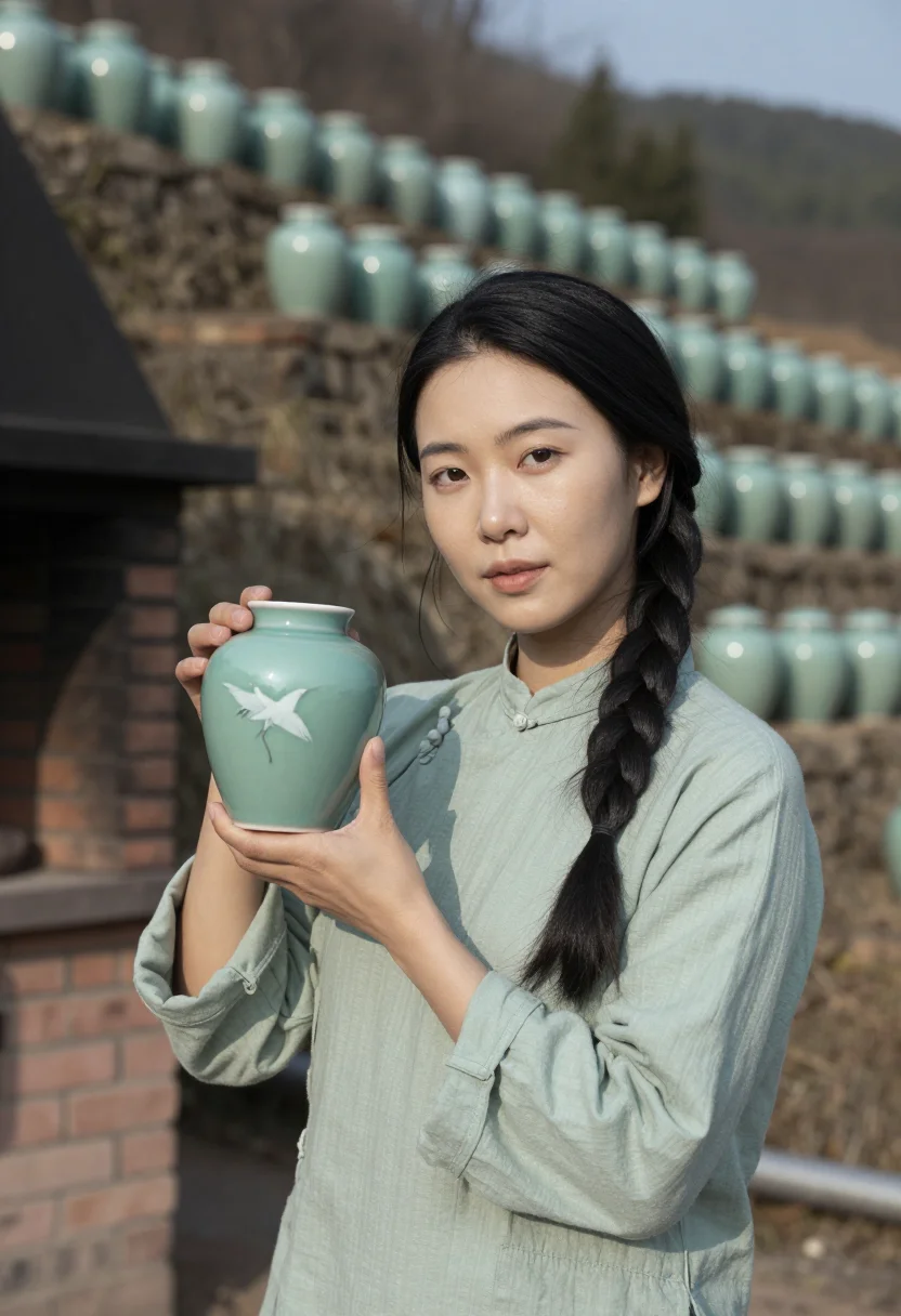 AI icheon celadon sample — portrait of a woman, close three-quarter portrait from the c
