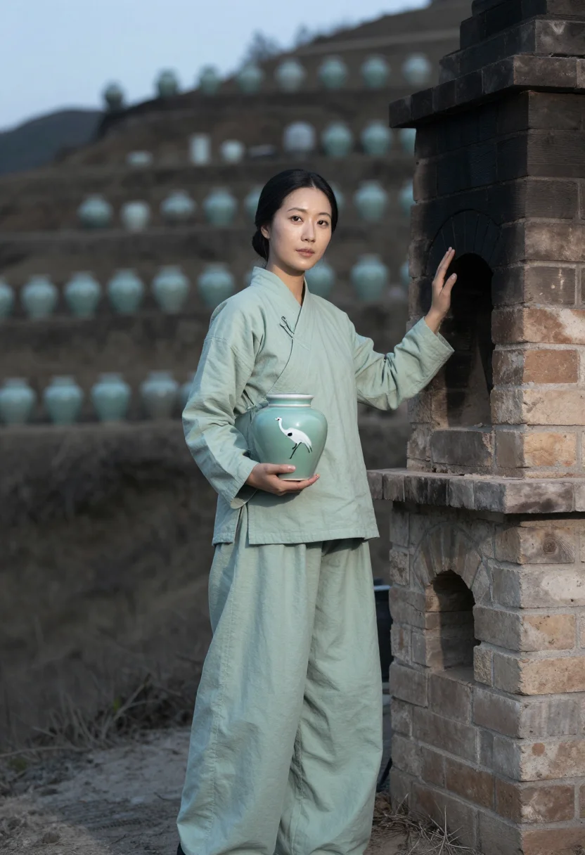 AI icheon celadon sample — portrait of a woman, full-length standing portrait from belo