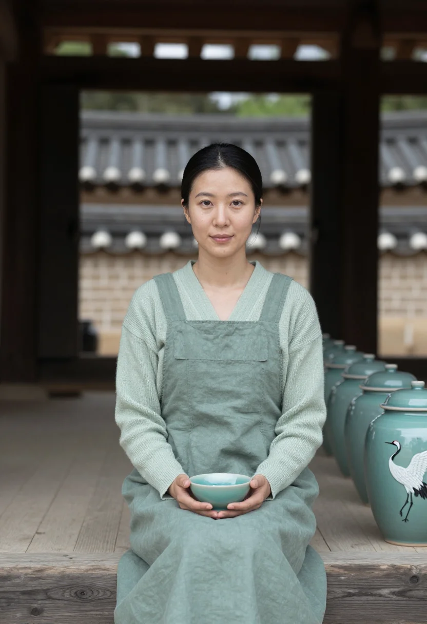AI icheon celadon sample — portrait of a woman, half-length seated portrait at chest he