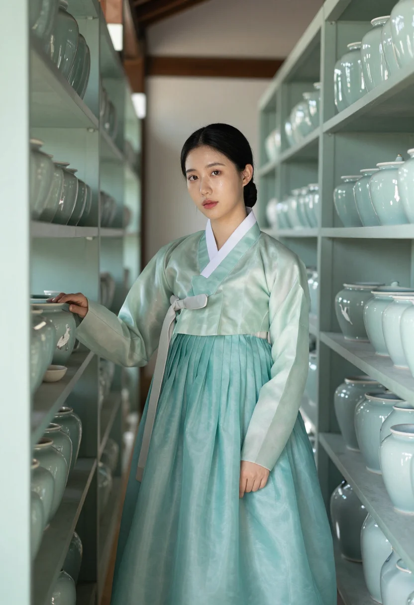 AI icheon celadon sample — portrait of a woman, full-length portrait from waist height