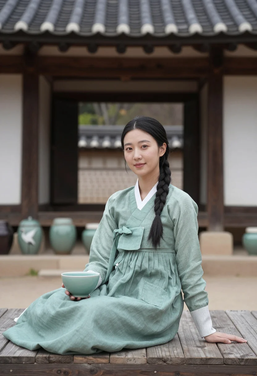 AI icheon celadon sample — portrait of a woman, full-length seated portrait from hip he