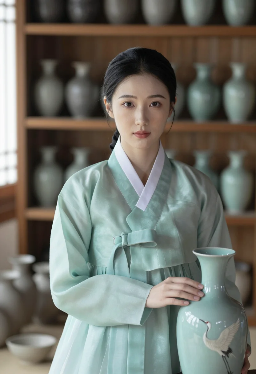 AI icheon celadon sample — portrait of a woman, close three-quarter portrait from the c