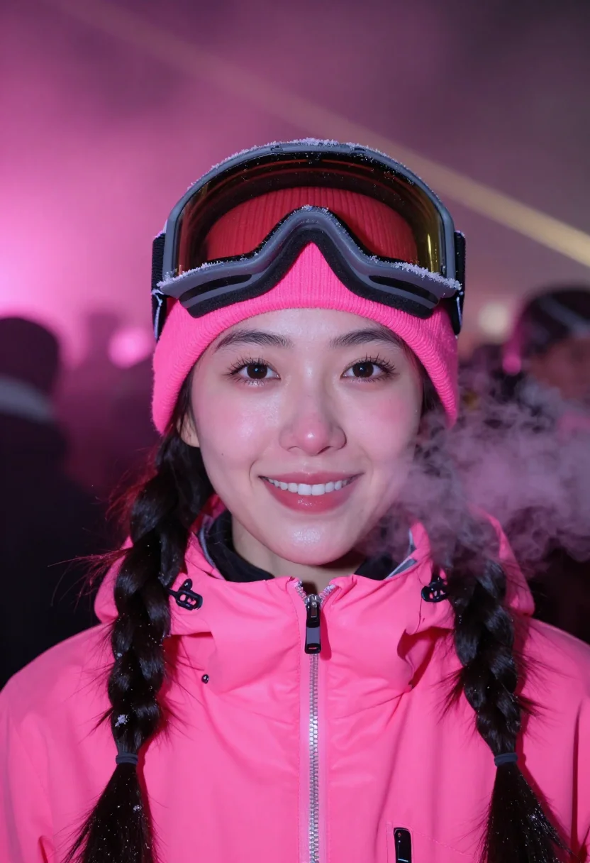 AI igloofest neon pink sample — portrait of a woman, framed tight on the face from the colla