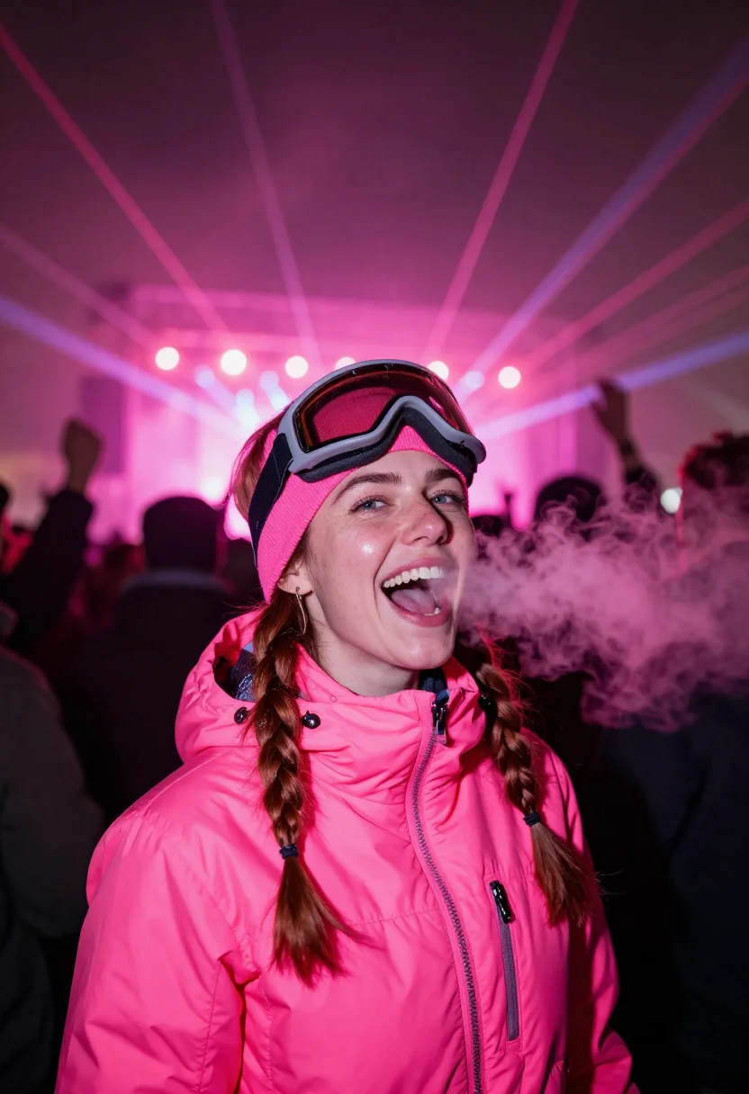 AI igloofest neon pink sample — portrait of a woman, framed head and shoulders, tighter, the