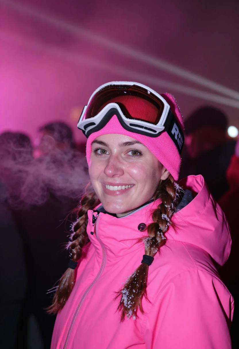AI igloofest neon pink sample — portrait of a woman, framed head and shoulders, tighter, the