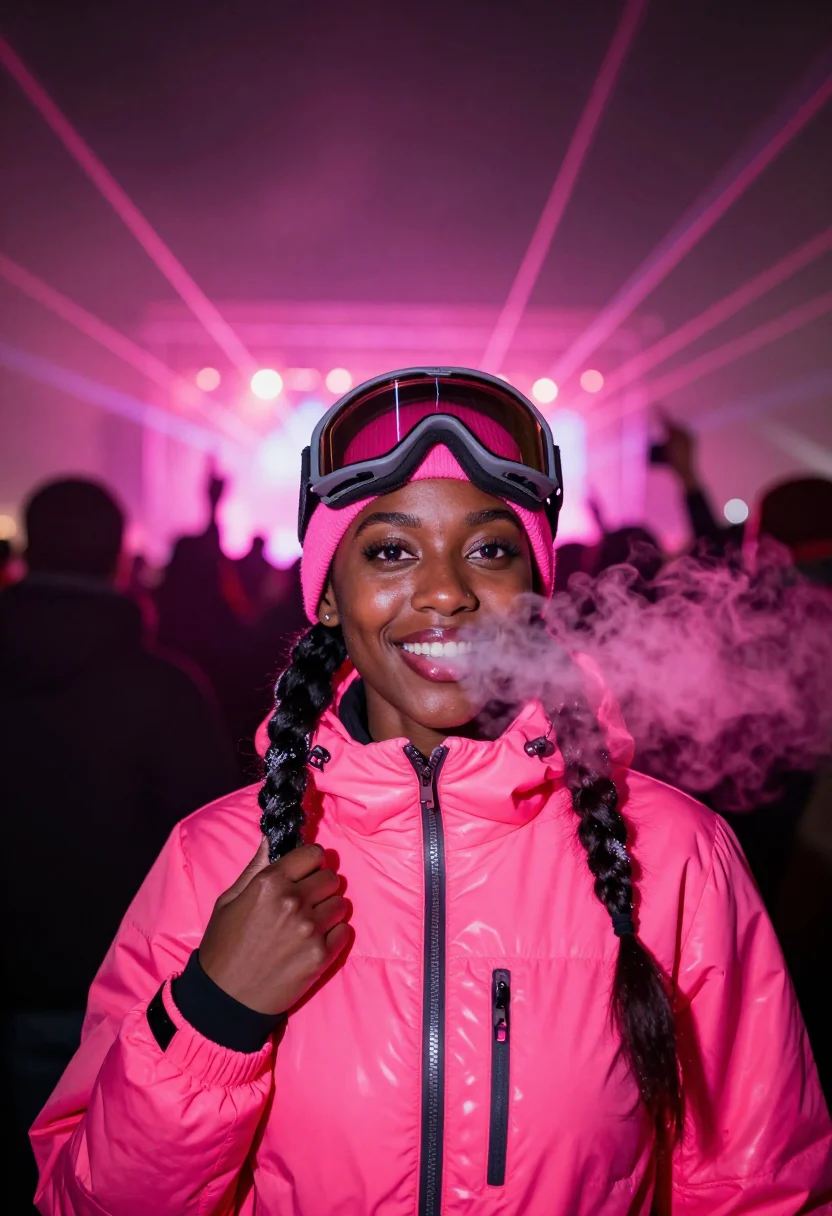 AI igloofest neon pink sample — portrait of a woman, framed chest-up from the ribs with the
