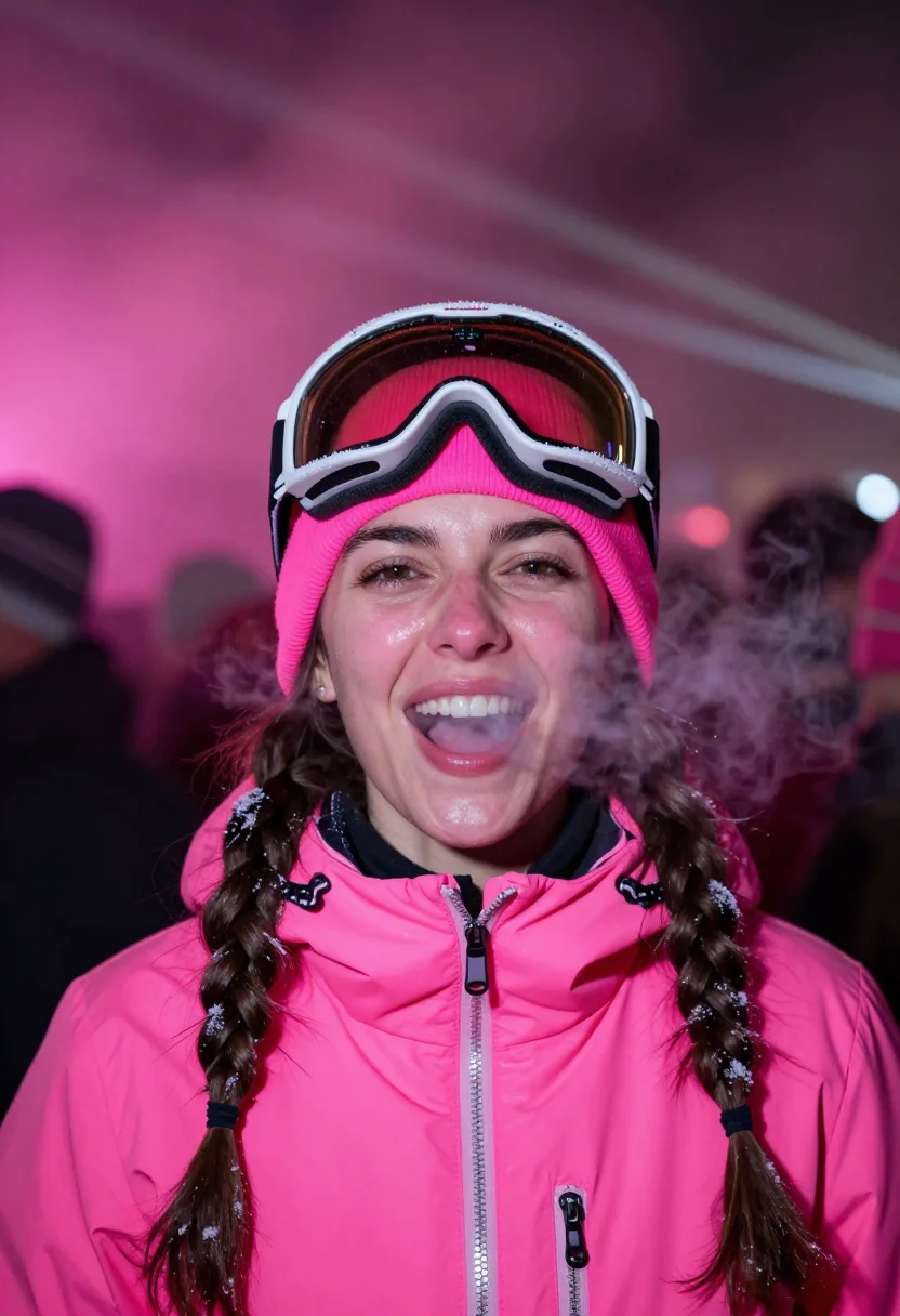 AI igloofest neon pink sample — portrait of a woman, framed head and shoulders, tighter, the