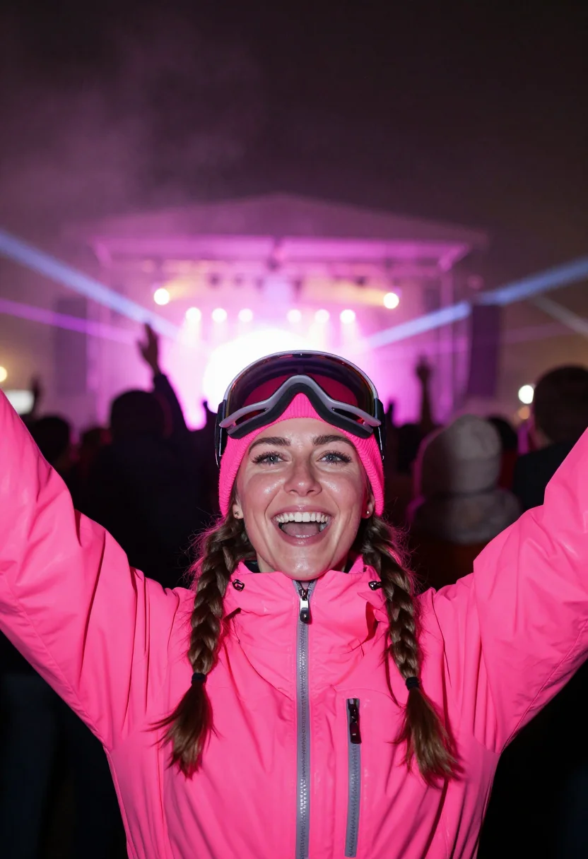 AI igloofest neon pink sample — portrait of a woman, framed head and shoulders, tighter, the