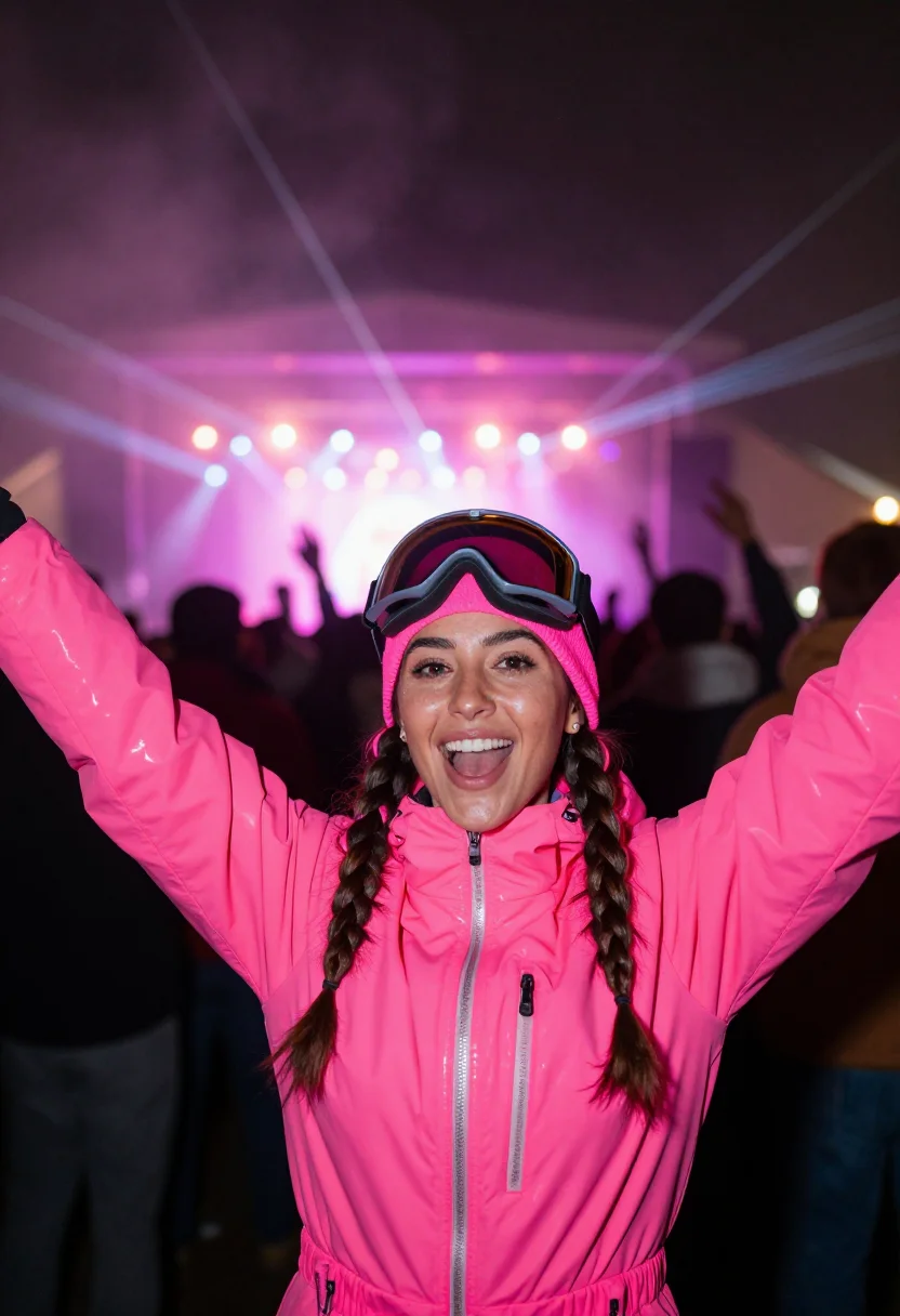 AI igloofest neon pink sample — portrait of a woman, framed chest-up from the ribs with the