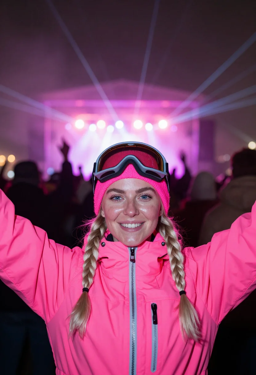 AI igloofest neon pink sample — portrait of a woman, framed chest-up from the ribs with the