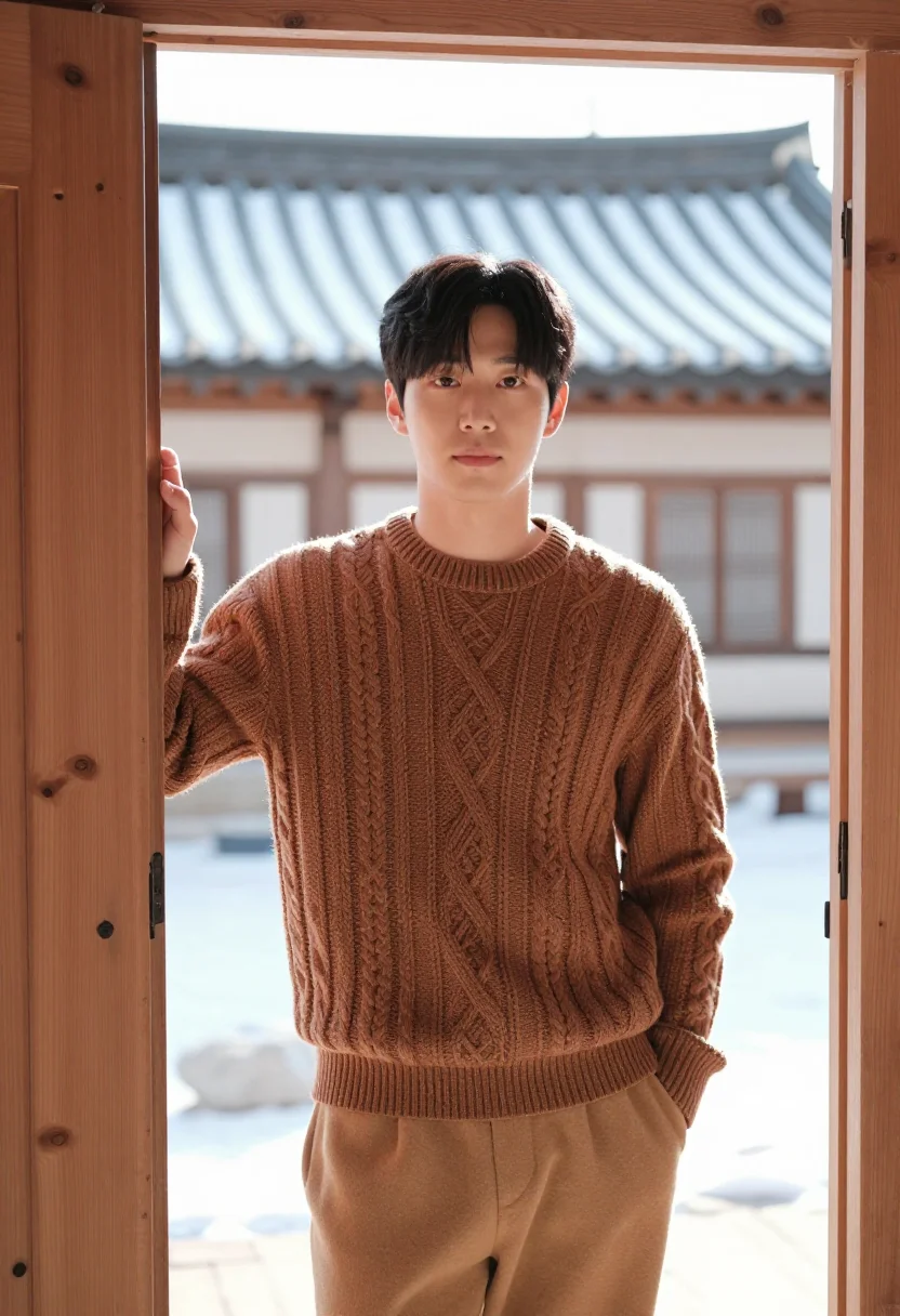 AI ikseon dong hanok cafe wood sample — portrait of a man, framed chest-up, cropped at the ribs, the