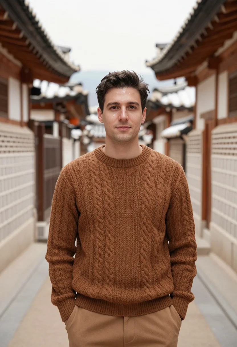 AI ikseon dong hanok cafe wood sample — portrait of a man, framed tight, head and shoulders, the bod