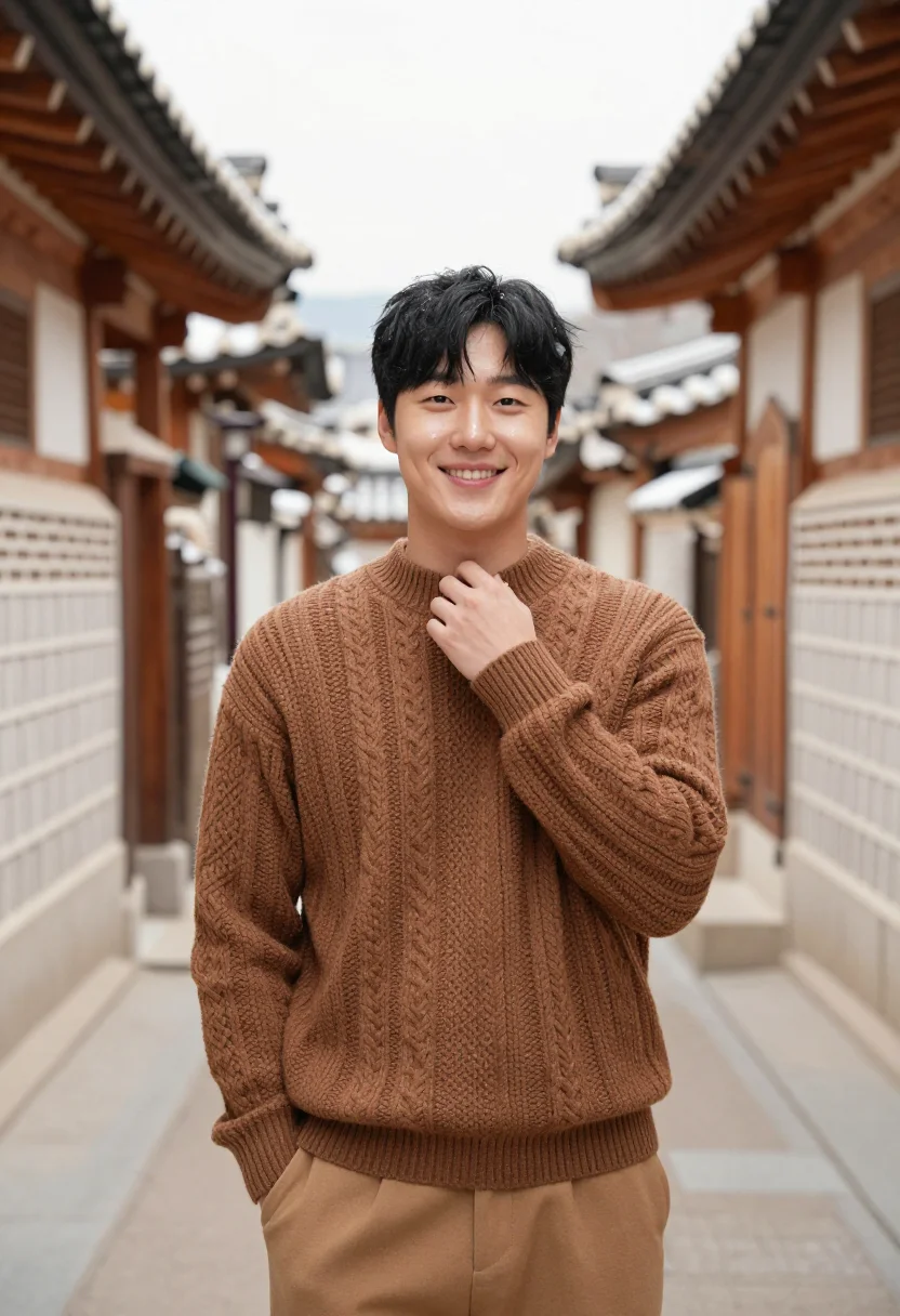 AI ikseon dong hanok cafe wood sample — portrait of a man, framed chest-up, cropped at the ribs, the