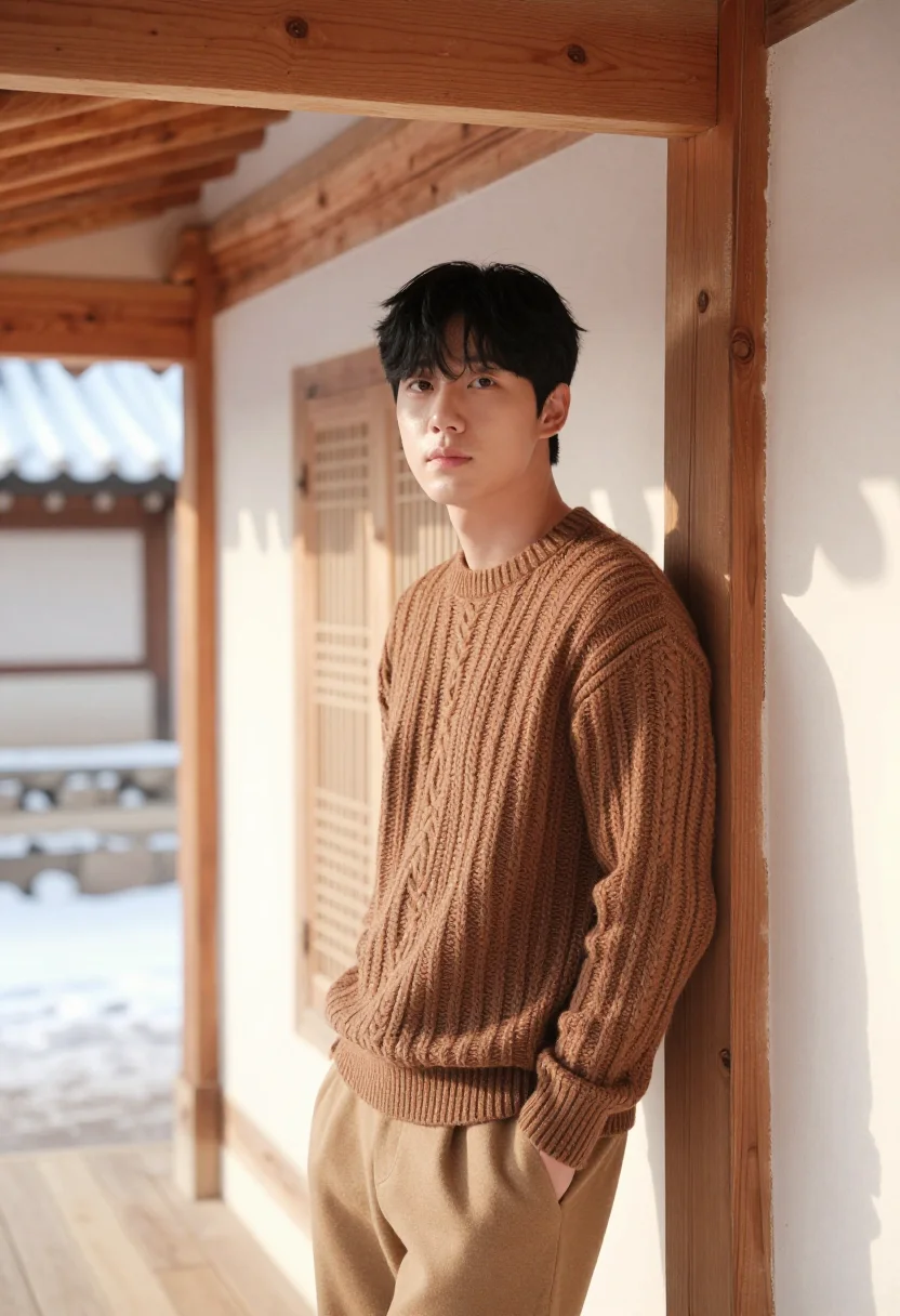 AI ikseon dong hanok cafe wood sample — portrait of a man, framed chest-up, cropped at the ribs, the