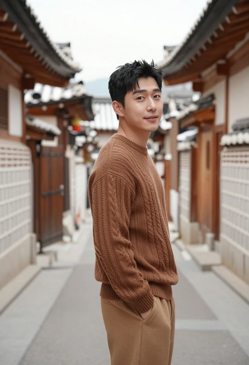 AI ikseon dong hanok cafe wood sample — portrait of a man, framed half-length from the head to the h