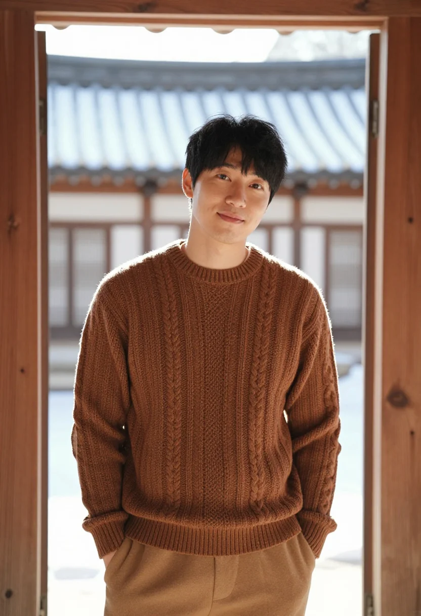 AI ikseon dong hanok cafe wood sample — portrait of a man, framed tight, head and shoulders, the bod