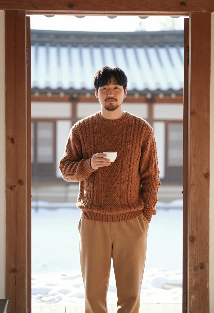 AI ikseon dong hanok cafe wood sample — portrait of a man, framed three-quarter length from the head