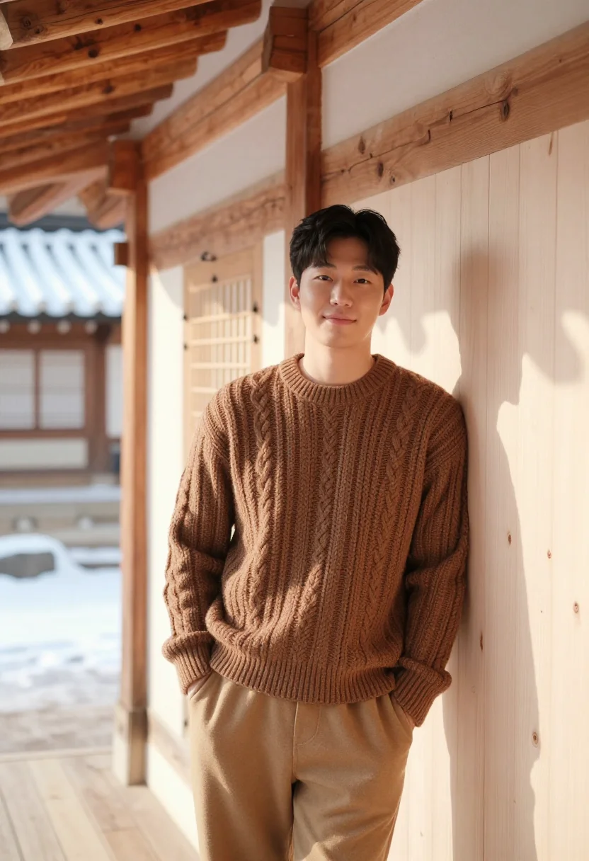 AI ikseon dong hanok cafe wood sample — portrait of a man, framed half-length from the head to the h