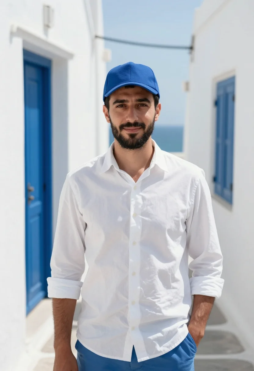 AI il postino salina aeolian blue white sample — portrait of a man, a postman in his early thirties of Greek