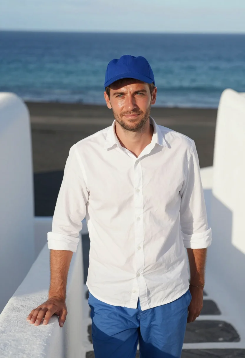 AI il postino salina aeolian blue white sample — portrait of a man, a postman in his early thirties of French