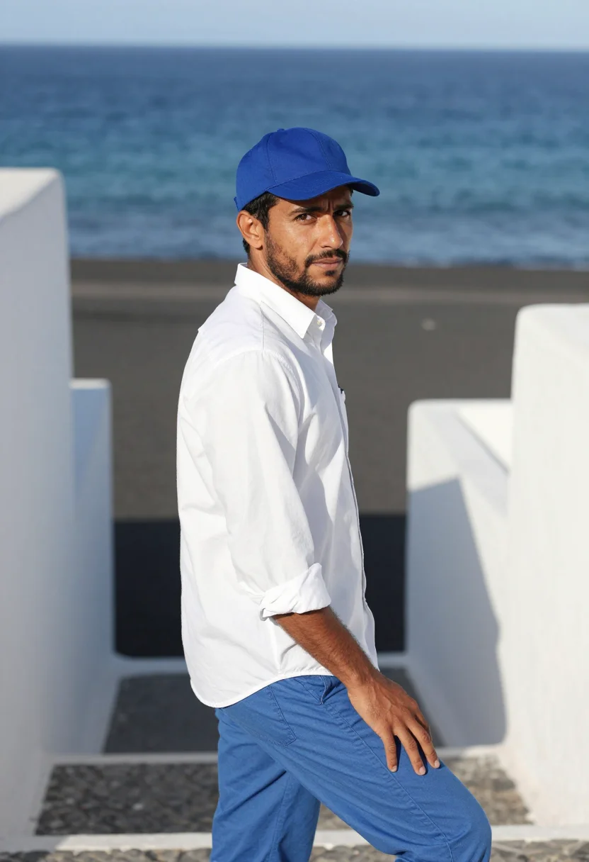 AI il postino salina aeolian blue white sample — portrait of a man, a postman in his late thirties of Portugu
