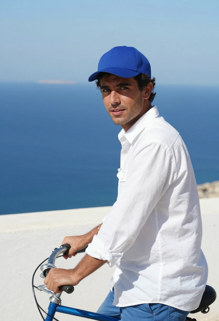 AI il postino salina aeolian blue white sample — portrait of a man, a postman in his mid-twenties of Maltese