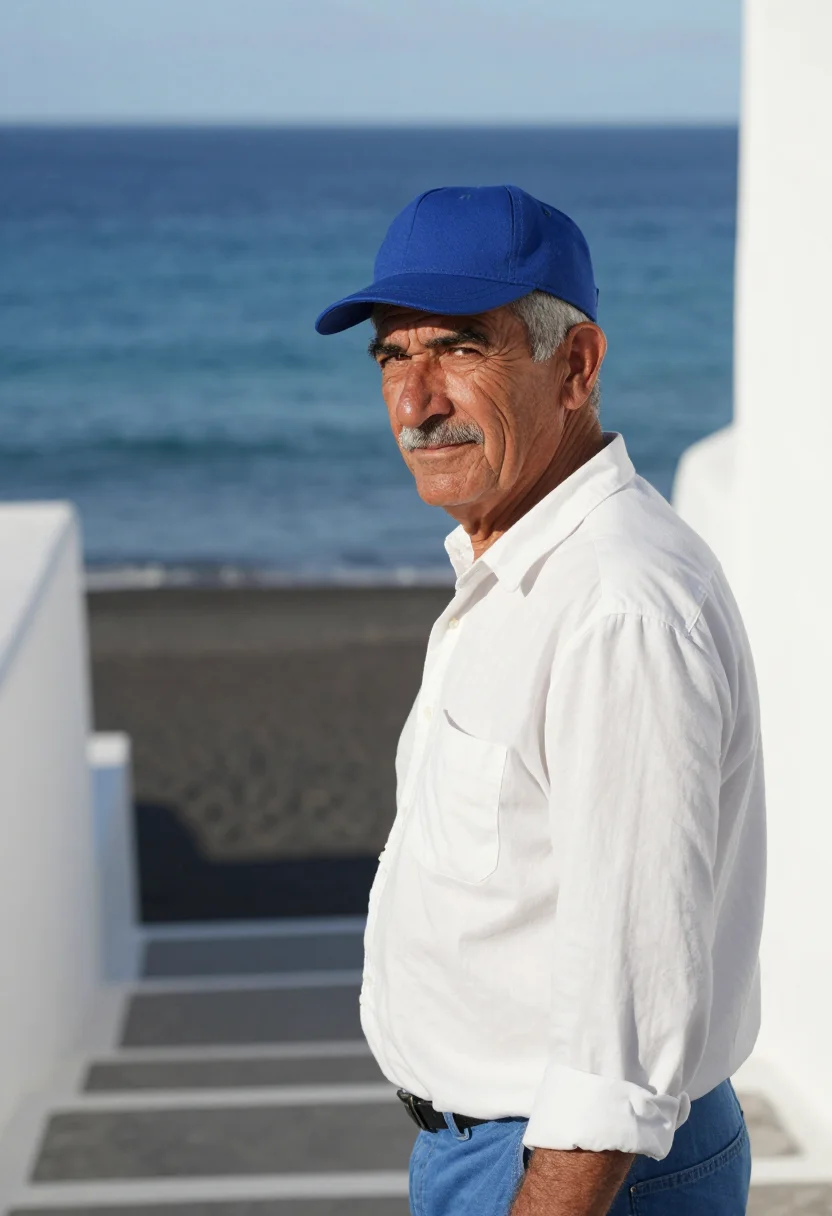 AI il postino salina aeolian blue white sample — portrait of a man, a postman in his fifties of Calabrian des