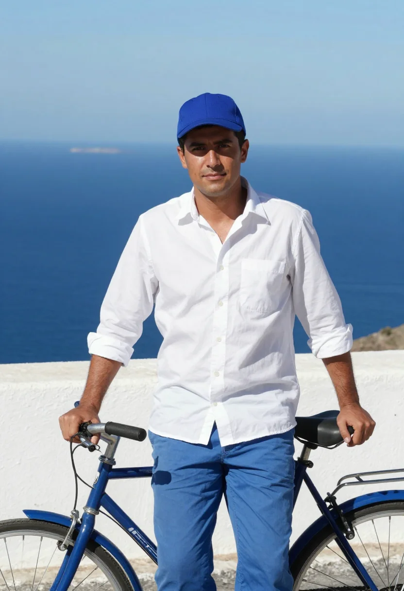 AI il postino salina aeolian blue white sample — portrait of a man, a postman in his late twenties of Spanish