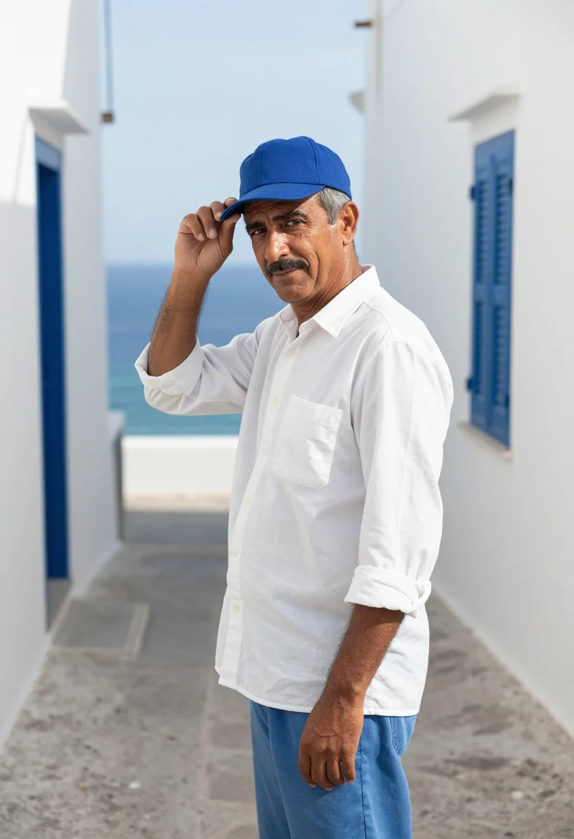 AI il postino salina aeolian blue white sample — portrait of a man, a postman in his forties of Neapolitan de