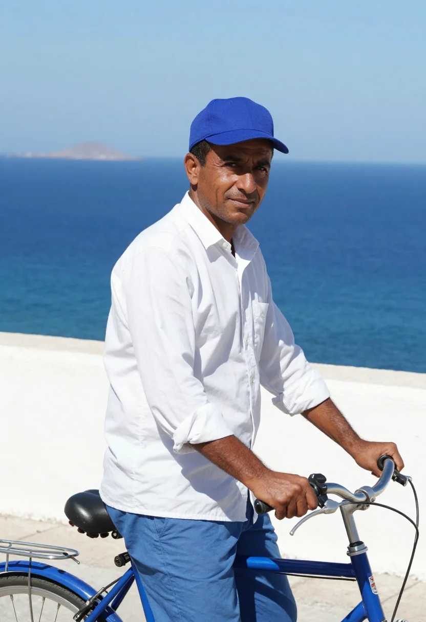 AI il postino salina aeolian blue white sample — portrait of a man, a postman in his thirties of Tunisian des